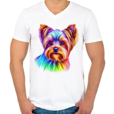 PRINTFASHION Színes yorkshire terrier kutya rajz  - Férfi V-nyakú póló - Fehér férfi póló