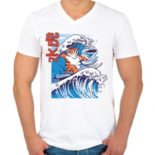 PRINTFASHION Szörfös tigris - Férfi V-nyakú póló - Fehér férfi póló