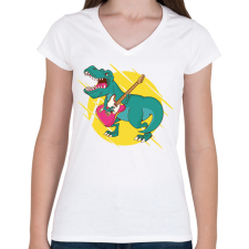 PRINTFASHION T-rex gitárral - Női V-nyakú póló - Fehér női póló