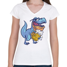 PRINTFASHION T-rex sörrel - Női V-nyakú póló - Fehér