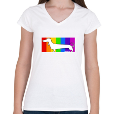 PRINTFASHION Tacskó szivárvány háttérben - Női V-nyakú póló - Fehér női póló