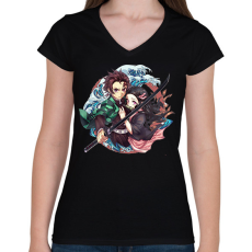 PRINTFASHION Tanjiro én Nezuko - Női V-nyakú póló - Fekete