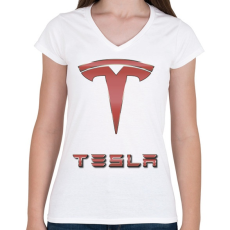 PRINTFASHION Tesla - Női V-nyakú póló - Fehér