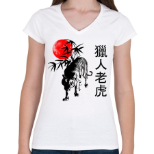 PRINTFASHION the hunting tiger - Női V-nyakú póló - Fehér női póló