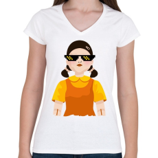 PRINTFASHION Thug Life Squid Game Doll - Női V-nyakú póló - Fehér