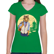 PRINTFASHION Tigris a váosban - Női V-nyakú póló - Zöld
