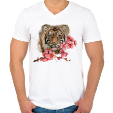 PRINTFASHION Tigris virággal - Férfi V-nyakú póló - Fehér