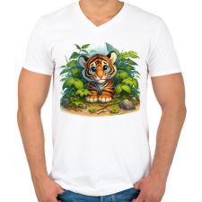 PRINTFASHION Tigriskölyök esőben - Férfi V-nyakú póló - Fehér férfi póló