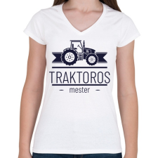 PRINTFASHION Traktoros mester - Női V-nyakú póló - Fehér női póló