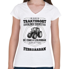 PRINTFASHION TRAKTOROS SZÜLINAP - Február - Női V-nyakú póló - Fehér