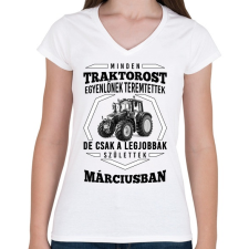 PRINTFASHION TRAKTOROS SZÜLINAP - Március - Női V-nyakú póló - Fehér női póló