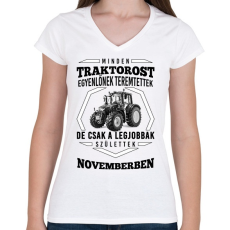 PRINTFASHION TRAKTOROS SZÜLINAP - November - Női V-nyakú póló - Fehér