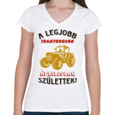 PRINTFASHION Traktoros szülinapja április - Női V-nyakú póló - Fehér