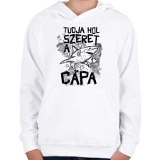 PRINTFASHION Tudja hol szeret a cápa - Gyerek kapucnis pulóver - Fehér gyerek pulóver, kardigán