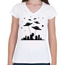 PRINTFASHION UFO invázió - Női V-nyakú póló - Fehér női póló