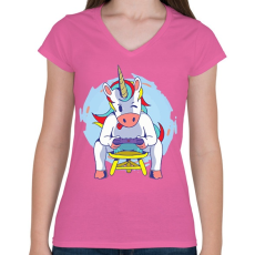 PRINTFASHION Unikornis gamer - Női V-nyakú póló - Rózsaszín