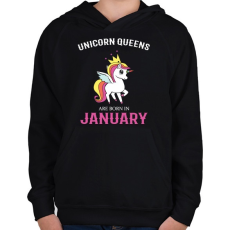 PRINTFASHION Unikornis királynők születésnapja Januárban - Gyerek kapucnis pulóver - Fekete