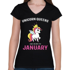 PRINTFASHION Unikornis királynők születésnapja Januárban - Női V-nyakú póló - Fekete női póló