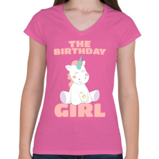PRINTFASHION Unikornis kislány születésnap - Női V-nyakú póló - Rózsaszín