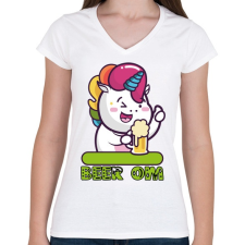 PRINTFASHION Unikornis sörrel BEER.OM - Női V-nyakú póló - Fehér női póló
