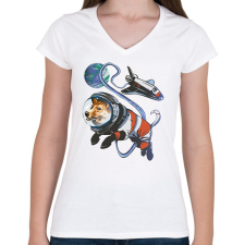 PRINTFASHION Űrhajós corgi - Női V-nyakú póló - Fehér női póló
