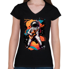 PRINTFASHION Űrhajós gitárral - Női V-nyakú póló - Fekete női póló