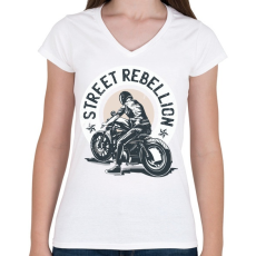 PRINTFASHION Utcai motoros - street rebellion - Női V-nyakú póló - Fehér