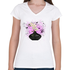 PRINTFASHION vázás virág pillangókkal - Női V-nyakú póló - Fehér női póló