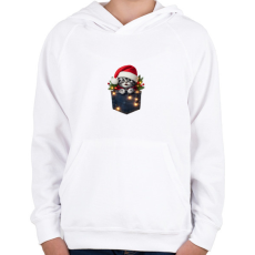 PRINTFASHION Vicces karácsonyi cica zsebben - mikulás sapkában - Gyerek kapucnis pulóver - Fehér
