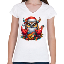 PRINTFASHION Vicces karácsonyi gitáros rocker party bagoly - Női V-nyakú póló - Fehér női póló