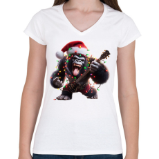 PRINTFASHION Vicces karácsonyi gitáros rocker party gorilla - Női V-nyakú póló - Fehér