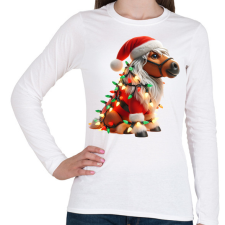 PRINTFASHION Vicces karácsonyi party ló - Mikulás ruhában - Női hosszú ujjú póló - Fehér női póló