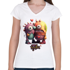 PRINTFASHION Vicces Szörnyecskés - BETTER together- cuki, csúnya, szerelmes minta - Női V-nyakú póló - Fehér