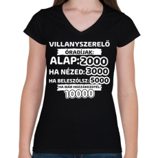 PRINTFASHION Villanyszerelő óradíjak - Női V-nyakú póló - Fekete