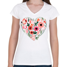 PRINTFASHION Virág szív - Női V-nyakú póló - Fehér
