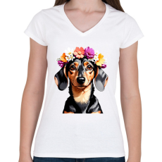 PRINTFASHION virágkoszorús tacsi - Női V-nyakú póló - Fehér