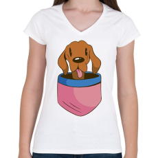 PRINTFASHION Vizsla zsebben - Női V-nyakú póló - Fehér