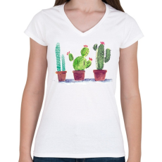 PRINTFASHION Watercolor style Cactus - Női V-nyakú póló - Fehér