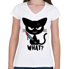 PRINTFASHION What? - Gyilkos cica / Késes macska / horror macska / mérges cicus - Női V-nyakú póló - Fehér