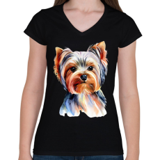 PRINTFASHION Yorkshire terrier kutya - Női V-nyakú póló - Fekete