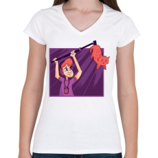 PRINTFASHION Zajfogó macska - Női V-nyakú póló - Fehér