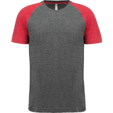 PROACT PA4010 kétszínű raglános rövid ujjú unisex sportpóló Proact, Grey Heather/Sporty Red Heather-XL