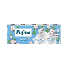 PUFINA Toalettpapír, 3 rétegű, kistekercses, 10 tekercs, PUFINA "Sensitive Aquabond", illatmentes higiéniai papíráru