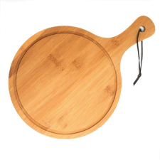 Pufo kerek bambuszfából készült tányér fogantyúval ételek, előételek, pizza tálalásához, 44 cm, barna konyhai eszköz