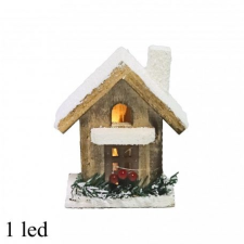QX-Impex Fa kisház+LED barna 13x11cm karácsonyi dekoráció