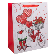 Qx Romantikus bicikli mintás ajándéktasak, piros - 18 x 23 cm party kellék
