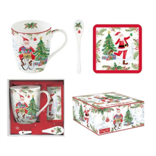 R2S.1045JOYF Porcelánbögre 350ml kanállal, parafa poháralátéttel, dobozban, Joyful Santa bögrék, csészék