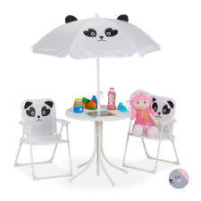Relax Gyerek asztal szétnyitható székekkel és napernyővel panda figurás kerti bútor