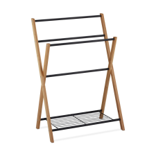 Relaxdays Álló törölközőtartó polccal fém-bambusz fürdőszoba kiegészítő