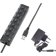 Renkforce 7 portos USB 3.0 hub, külön kapcsolható, státusz LED, iPad töltőcsatlakozó, fekete, Renkforce (RF-4821051) hub és switch